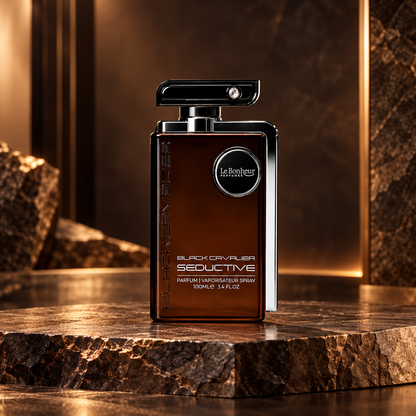 Black Cavalier Seductive bottle on elegant bronze background