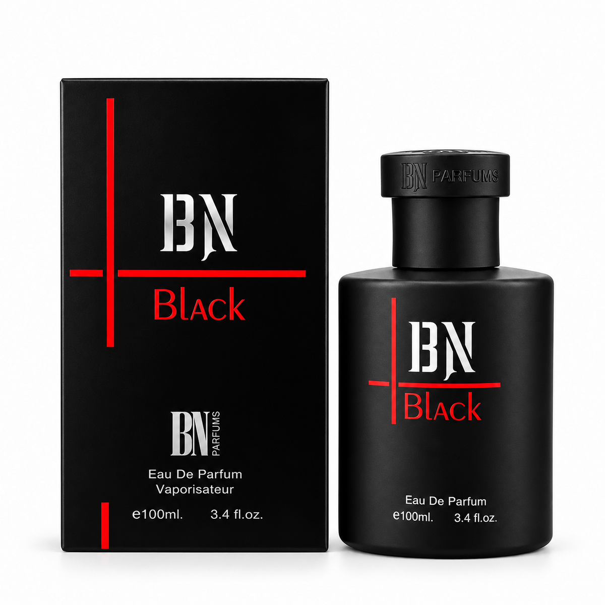 BN Black bottle and box on a white background