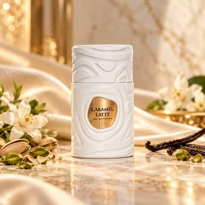 Caramel Latte bottle in an elegant setting