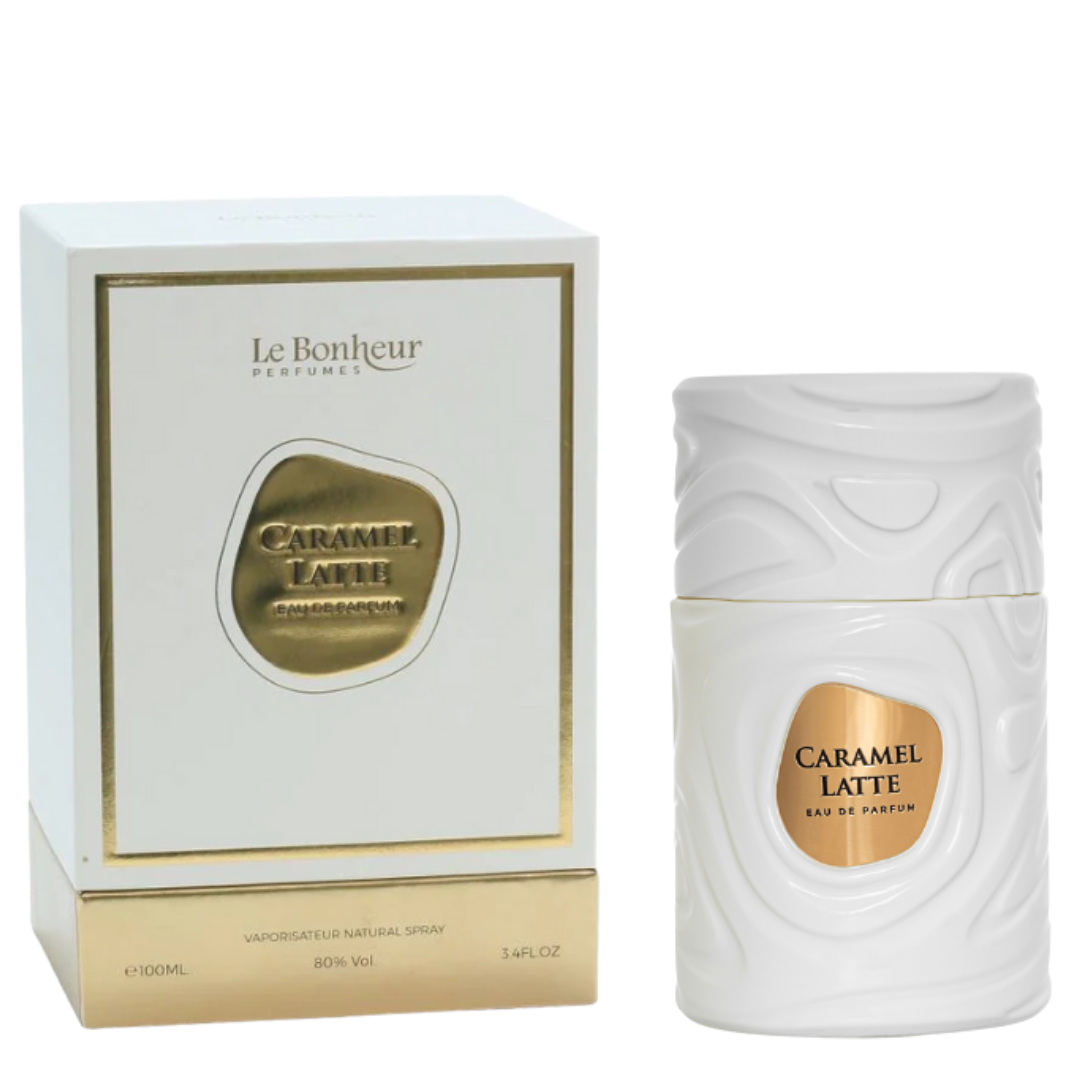 Caramel Latte 100ml by Le Bonheur bottle and box on white background