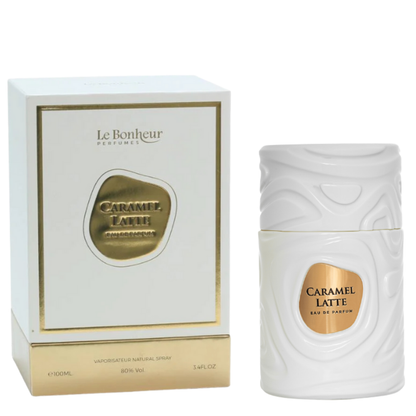 Caramel Latte 100ml by Le Bonheur bottle and box on white background