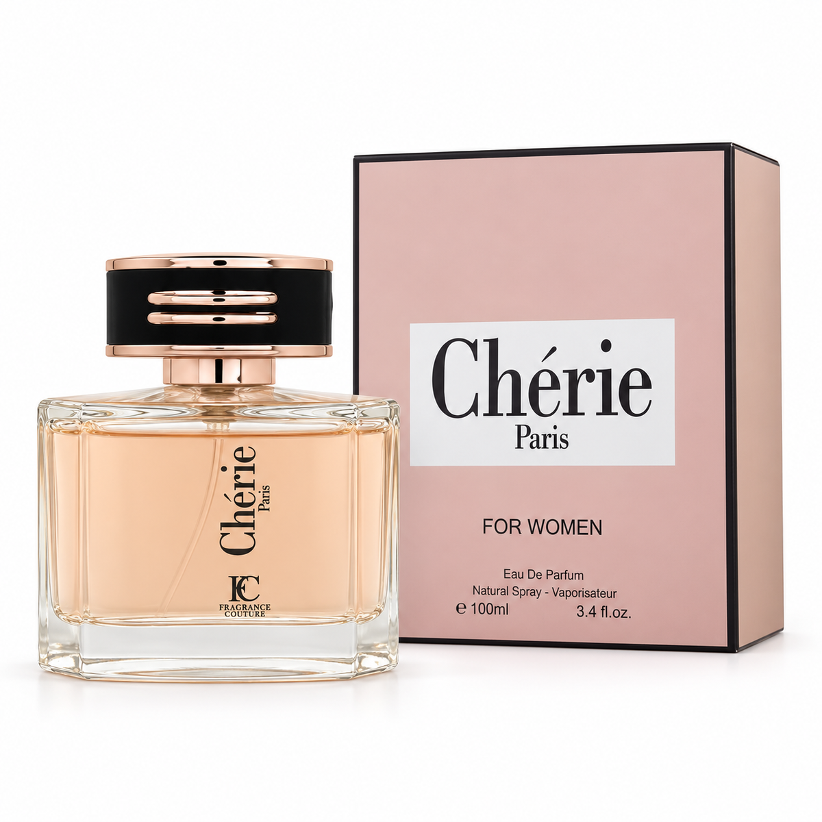 Fragrance Couture Cherie Paris 100ml bottle and box on a white background