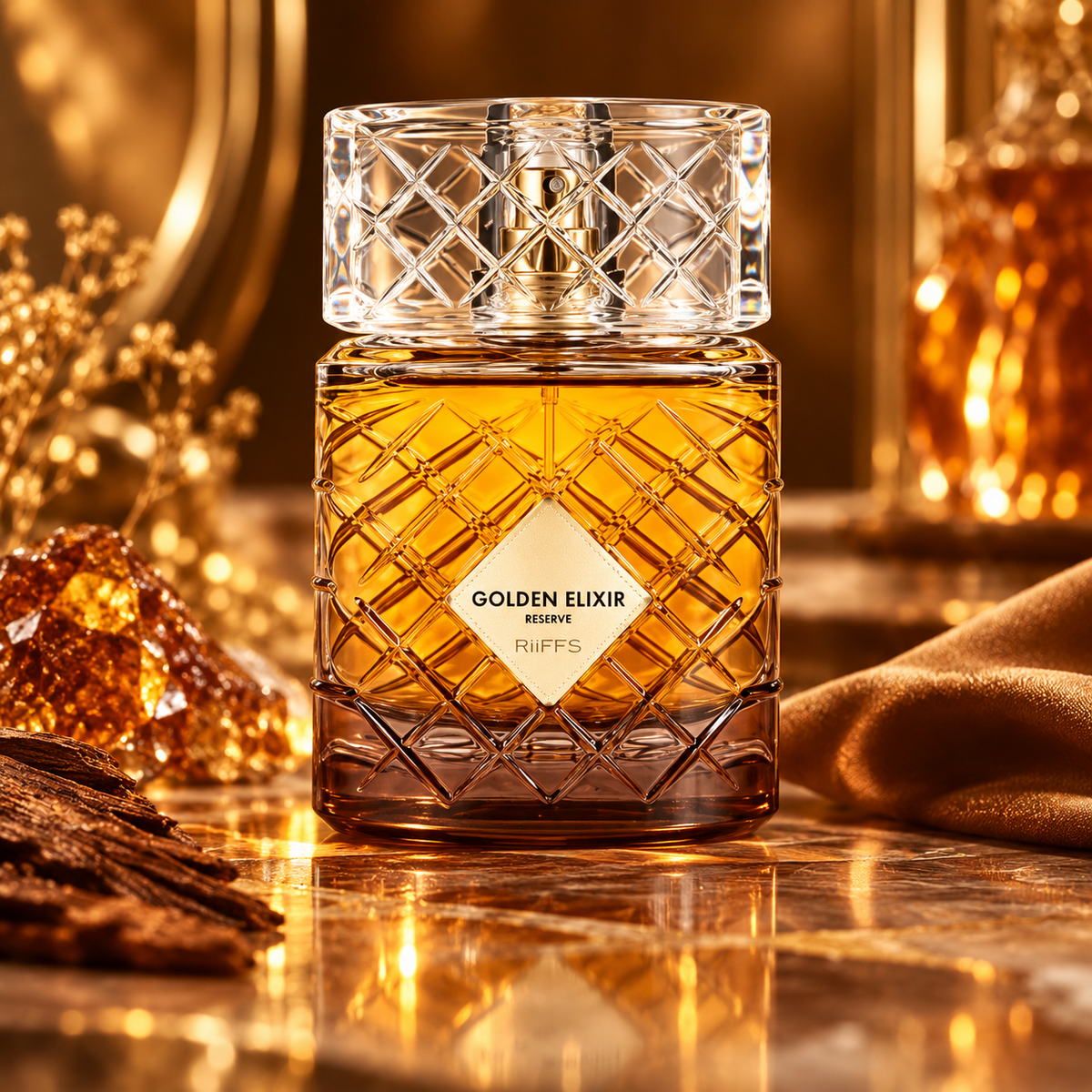 Golden Elixir Reserve 100ml by Riiffs bottle in an elegant setting