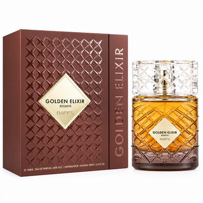 Golden Elixir Reserve 100ml by Riiffs bottle and box on white background