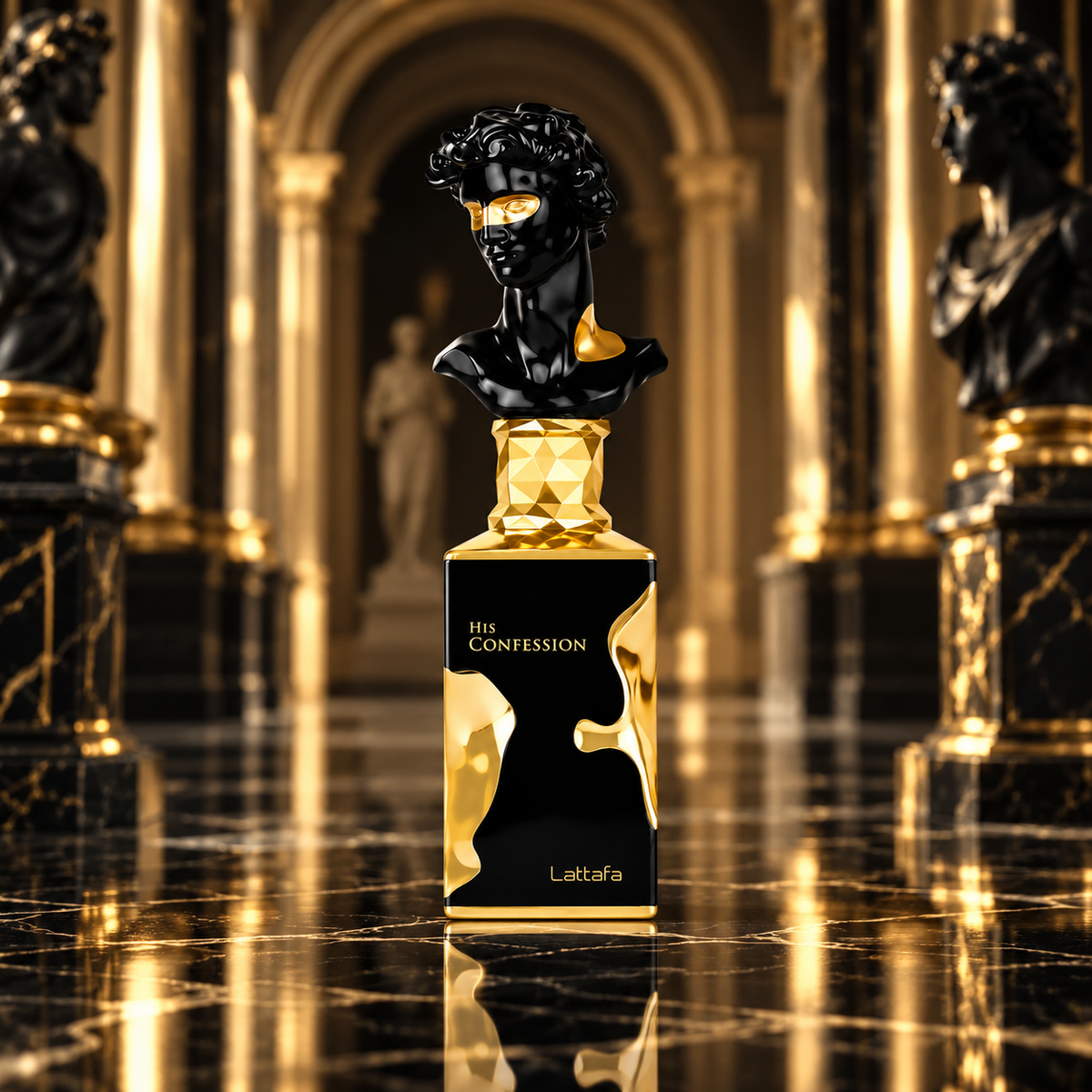 His Confession bottle elegant black and gold luxury setting