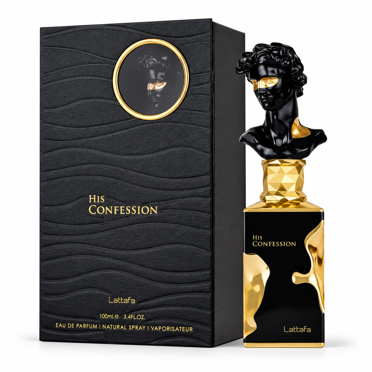 His Confession Lattafa 100ml bottle and box white background