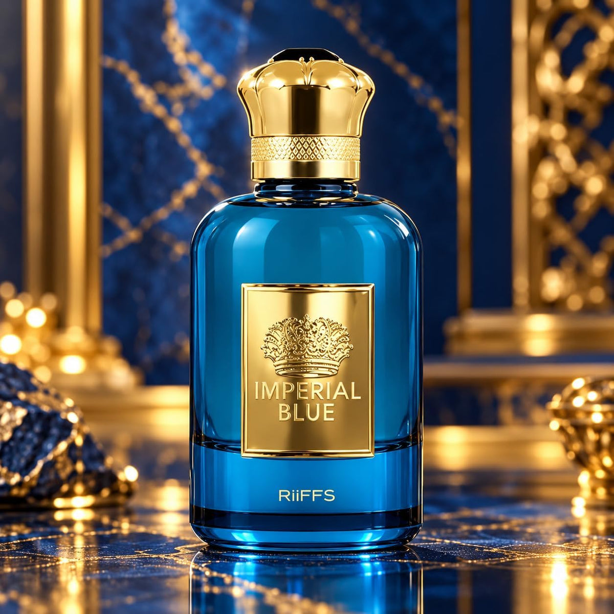 Imperial Blue 100ml by Riiffs bottle in blue and gold setting