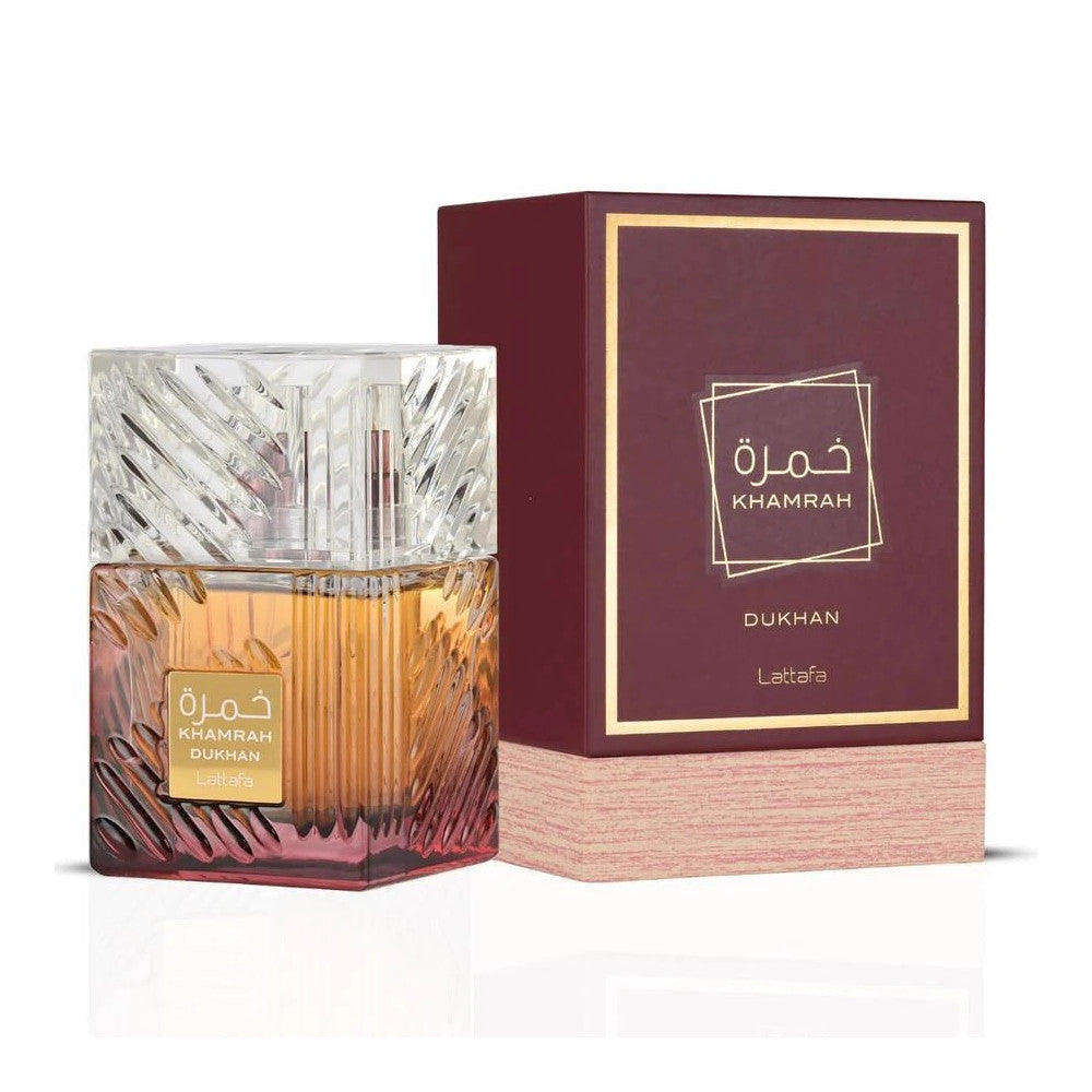Khamrah Dukhan 100ml Lattafa perfume bottle and box on white background