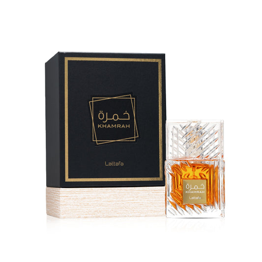 Khamrah 100ml Lattafa perfume bottle and box on white background