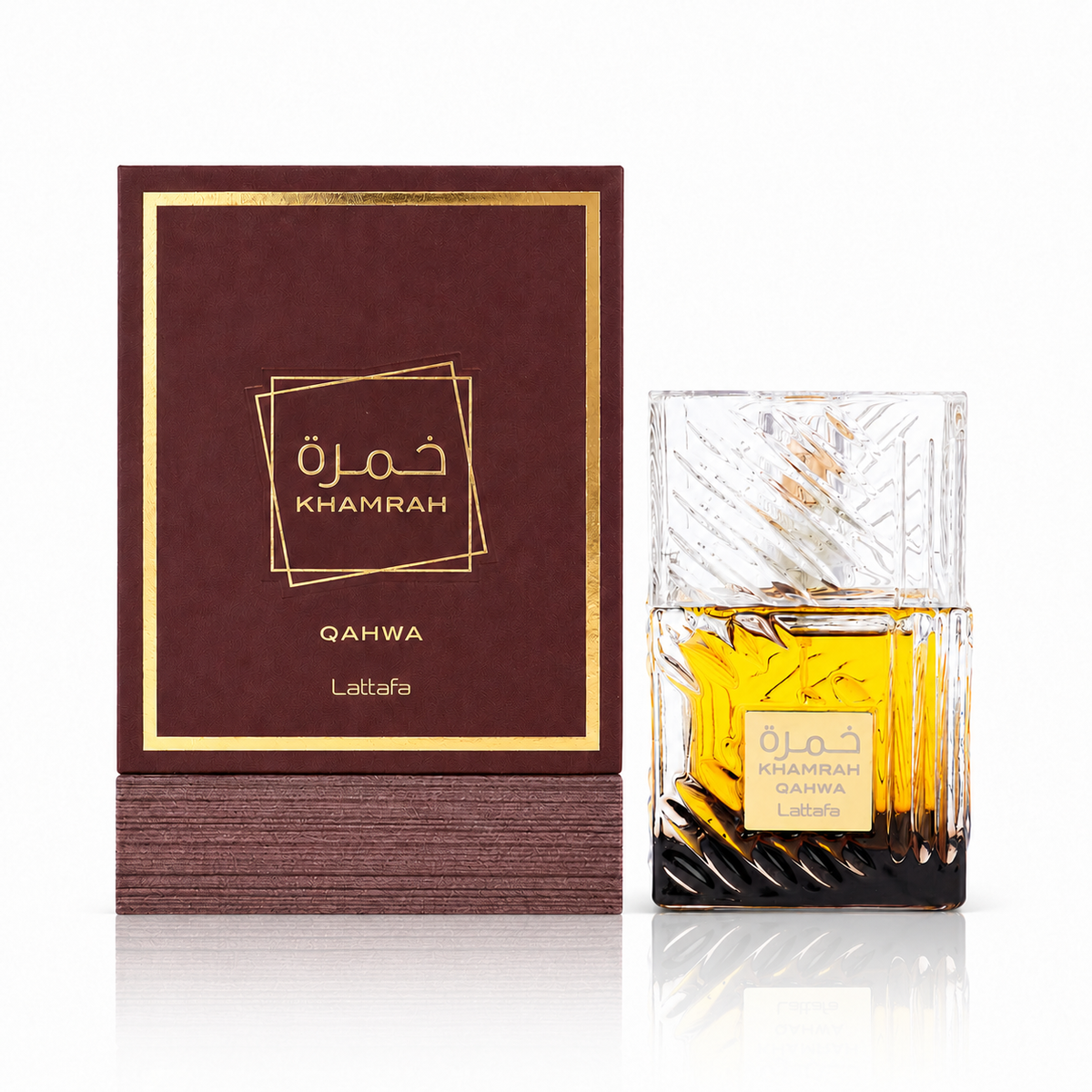 Khamrah Qahwa 100ml Lattafa perfume bottle and box on white background