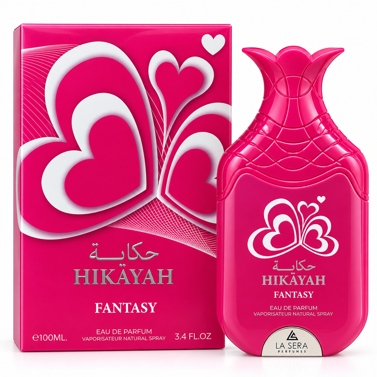 Hikayah Fantasy by La Sera 100ml Eau de Parfum bottle and box on white background