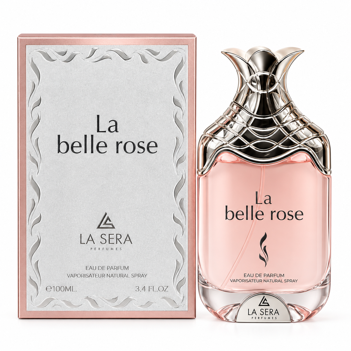 La Belle Rose Eau de Parfum by La Sera 100ml bottle and box white background