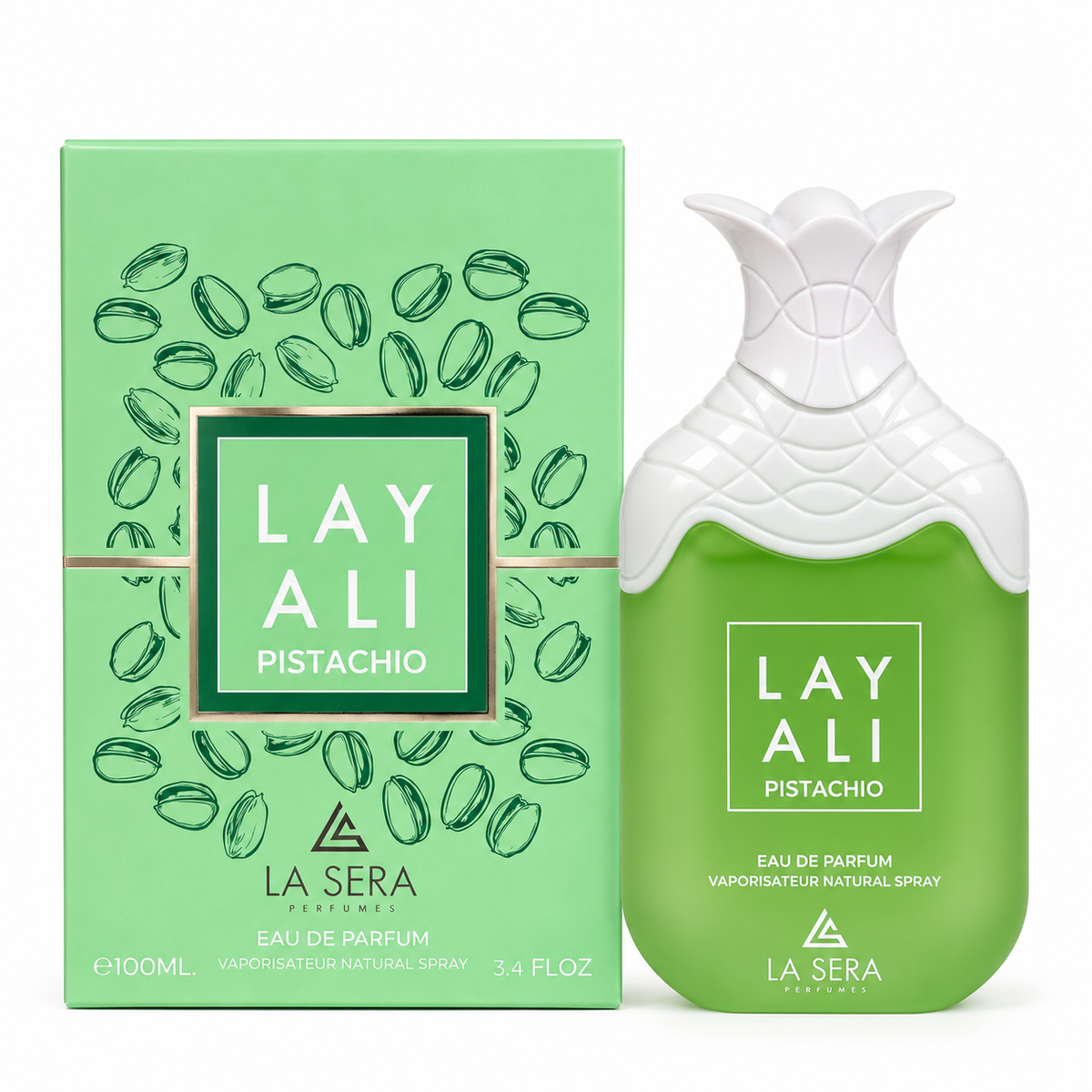 Lay Ali Pistachio by La Sera Eau de Parfum 100ml bottle and box on white background
