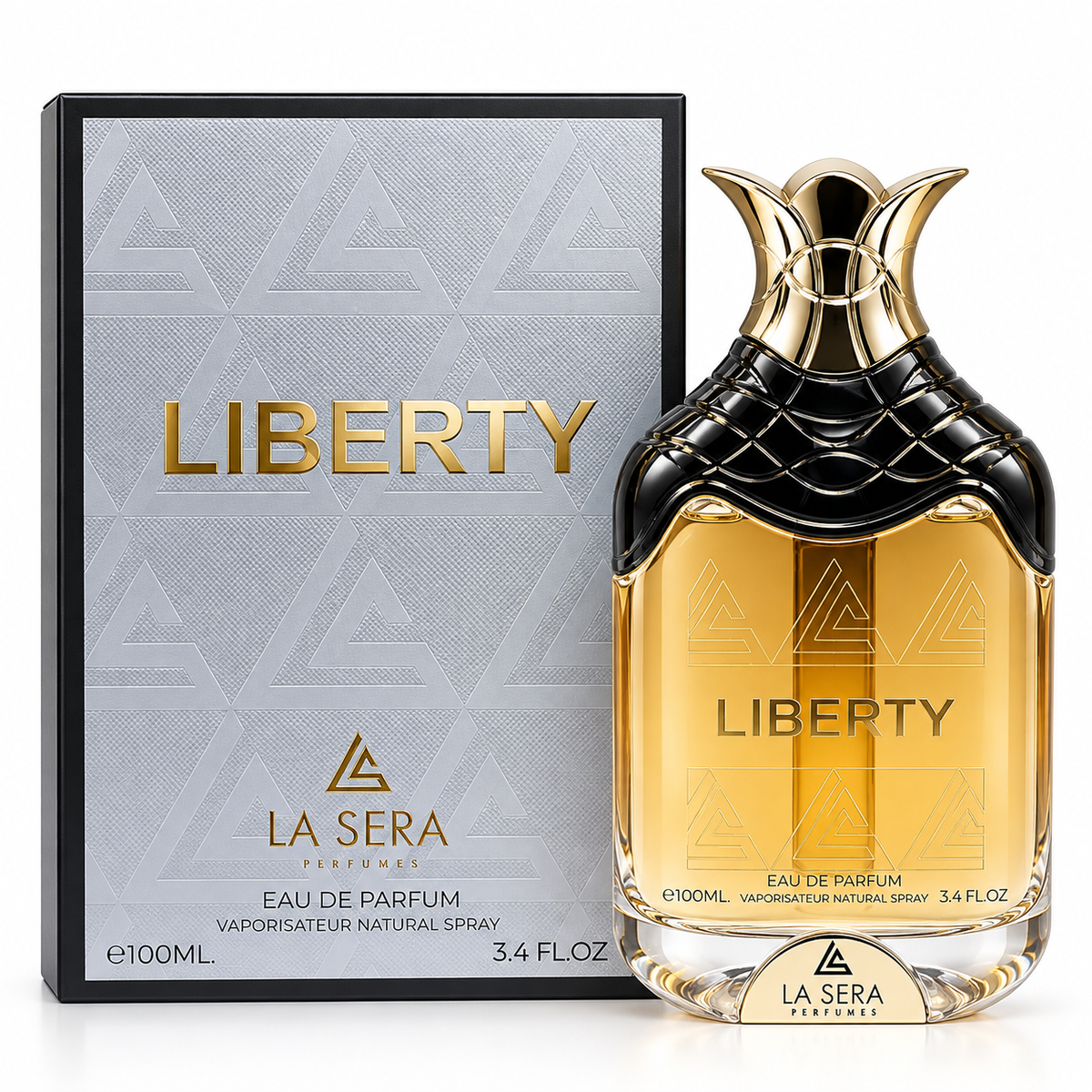 Liberty by La Sera 100ml Eau de Parfum bottle and box on white background