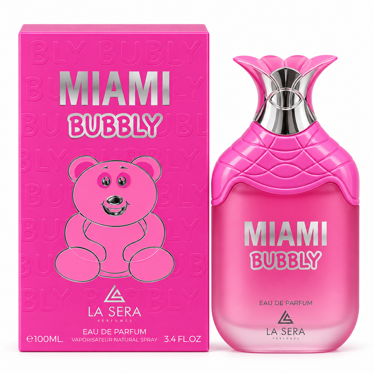 Miami Bubbly by La Sera Eau de Parfum 100ml bottle and box on white background