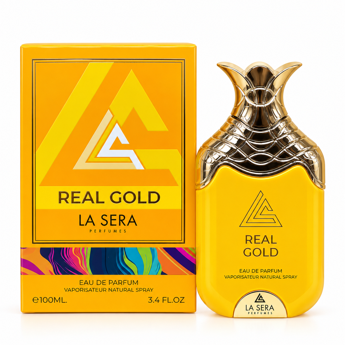 Real Gold Eau de Parfum by La Sera 100ml bottle and box white background