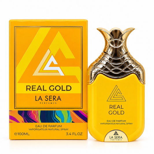 Real Gold Eau de Parfum by La Sera 100ml bottle and box white background