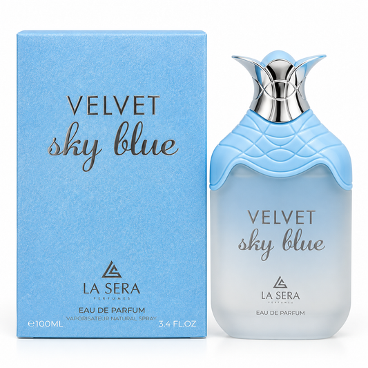 Velvet Sky Blue by La Sera Eau de Parfum 100ml bottle and box on white background