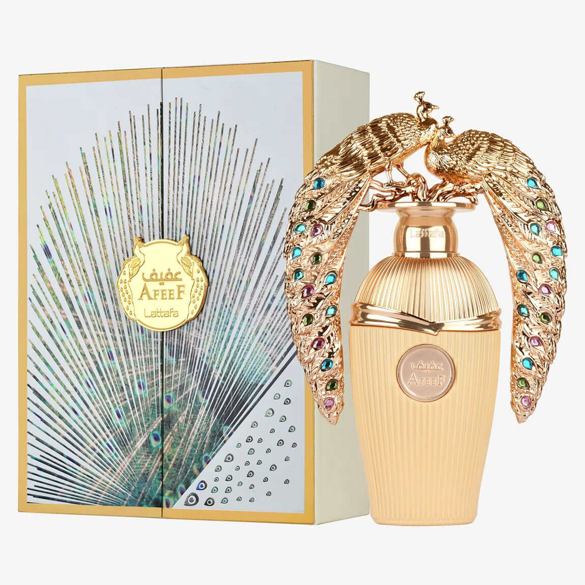 Lattafa 100ml Eau de Parfum bottle and presentation box, white background