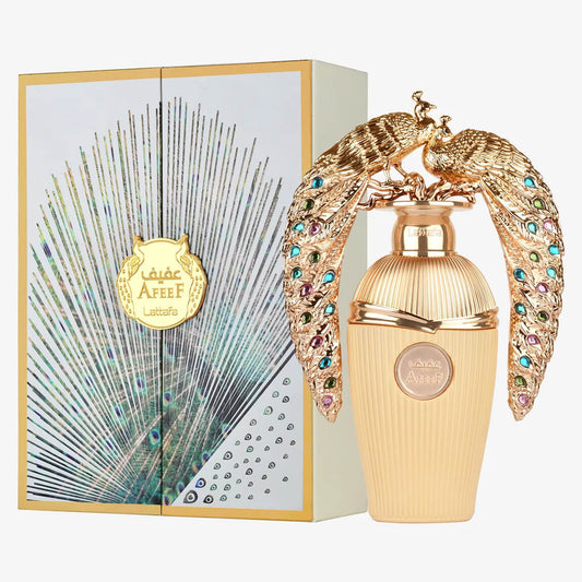 Lattafa 100ml Eau de Parfum bottle and presentation box, white background