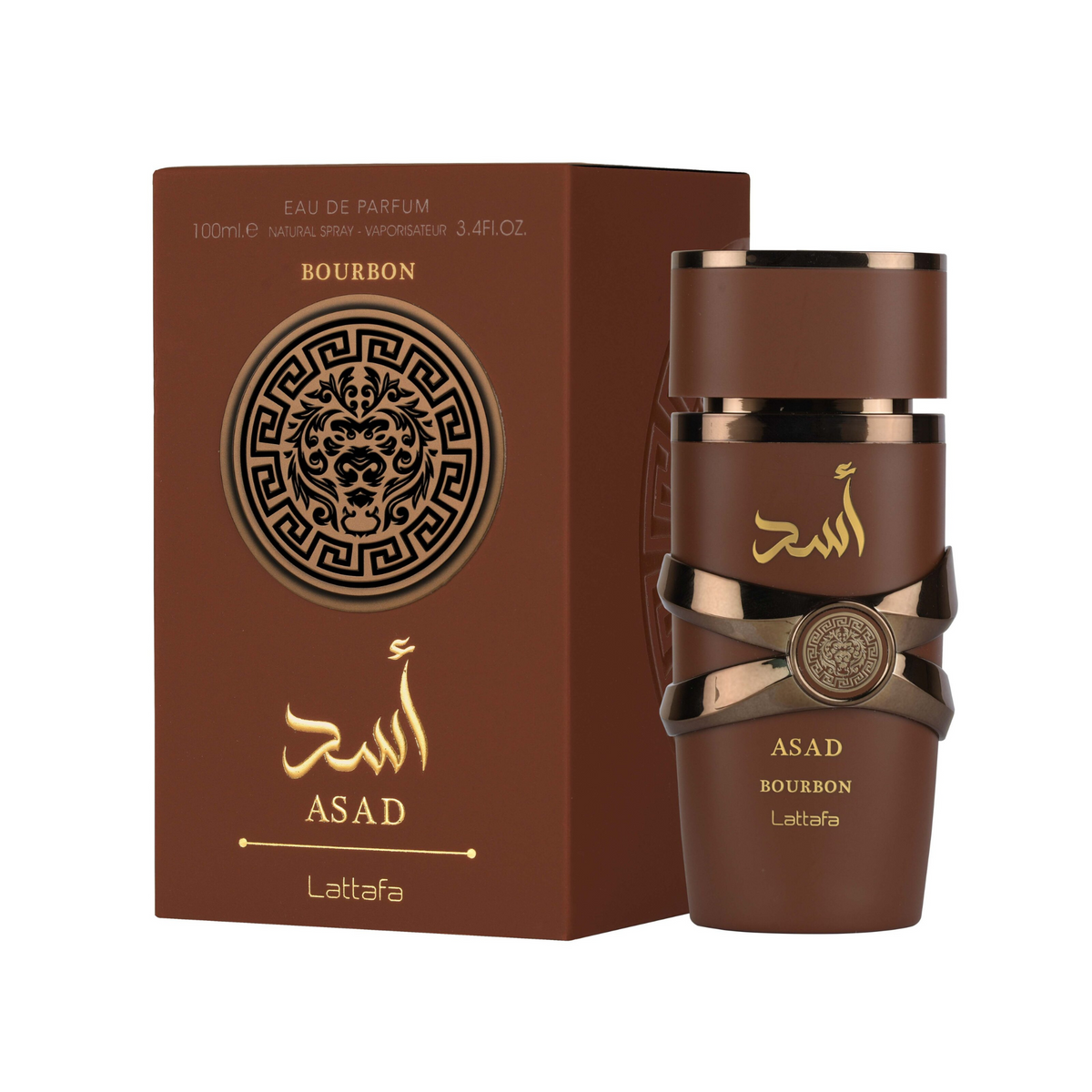 Asad Bourbon Lattafa 100ml bottle and box white background