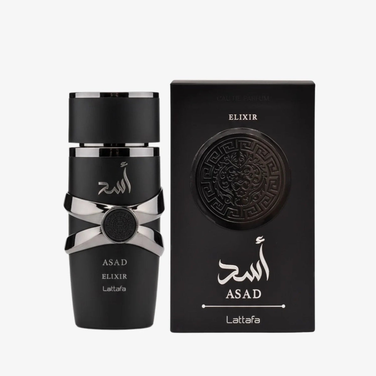 Asad Elixir Lattafa 100ml bottle and box white background