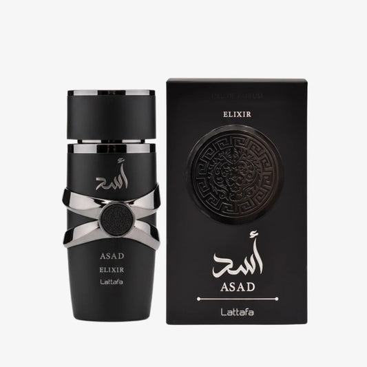 Asad Elixir Lattafa 100ml bottle and box white background