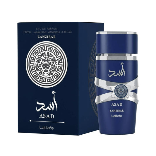 Asad Zanzibar Lattafa 100ml bottle and box white background