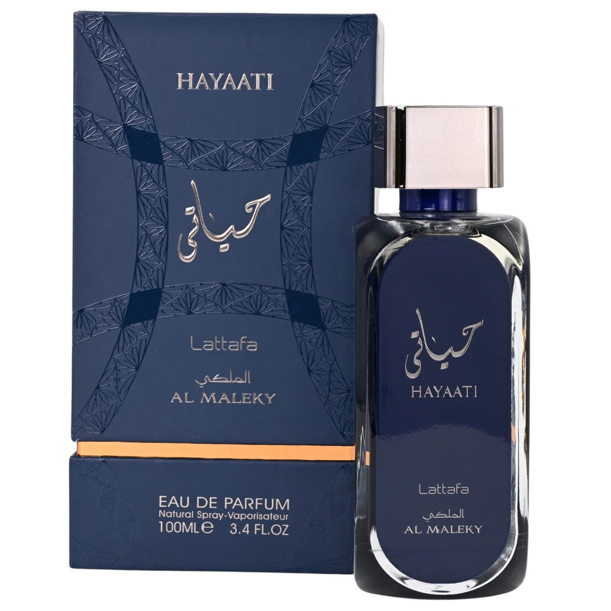 Hayaati Al Maleky Eau de Parfum 100ml by Lattafa bottle and box on white background