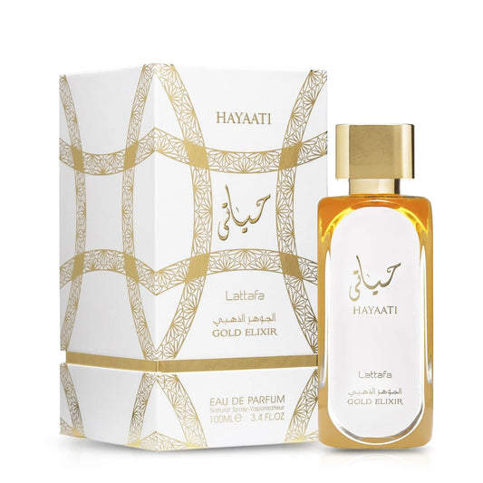 Hayaati Gold Elixir Eau de Parfum 100ml by Lattafa bottle and box on white background