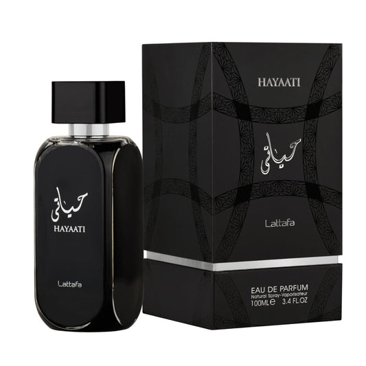 Hayaati Eau de Parfum 100ml by Lattafa bottle and box on white background