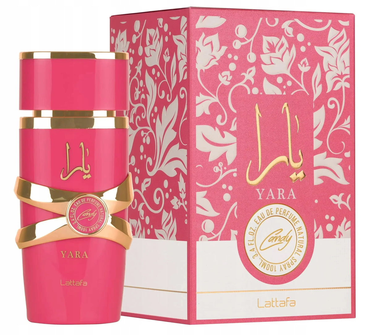 Yara Candy Lattafa 100ml bottle and box white background