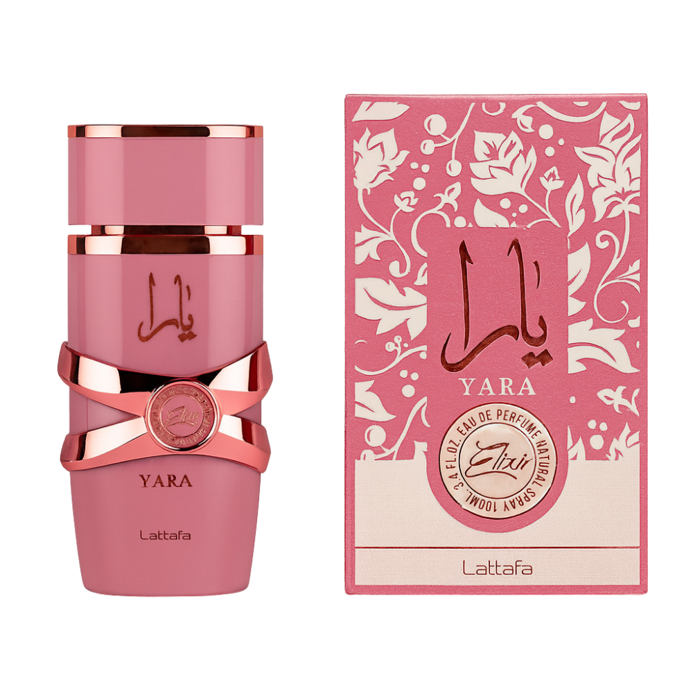 Yara Elixir Lattafa 100ml bottle and box white background