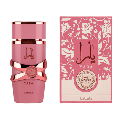 Yara Elixir Lattafa 100ml bottle and box white background