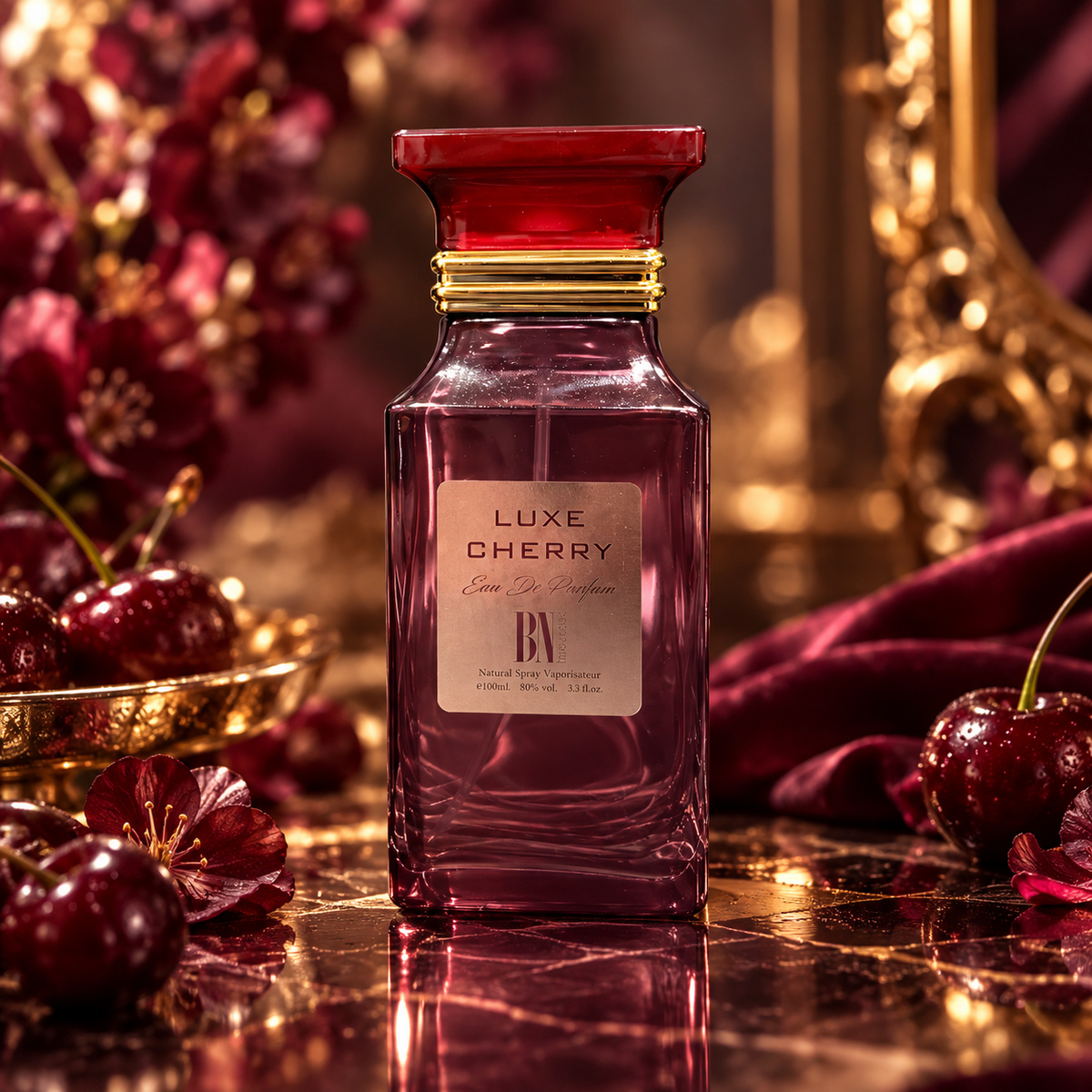 Luxe Cherry bottle in an elegant setting