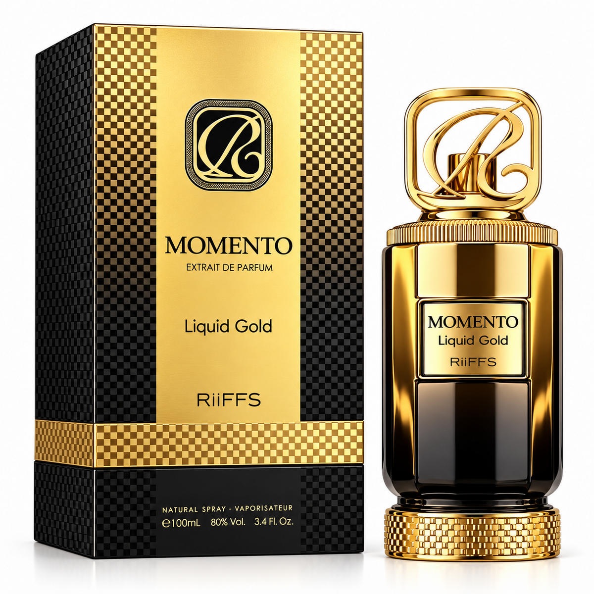 Momento Liquid Gold bottle and box on a white background