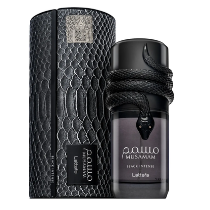 Lattafa Musamam Black Intense 100ml bottle and box on white background