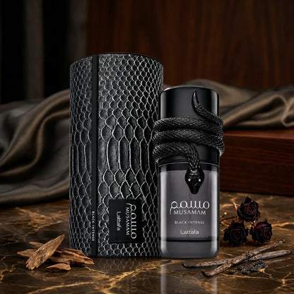 Lattafa Musamam Black Intense 100ml luxury perfume lifestyle image