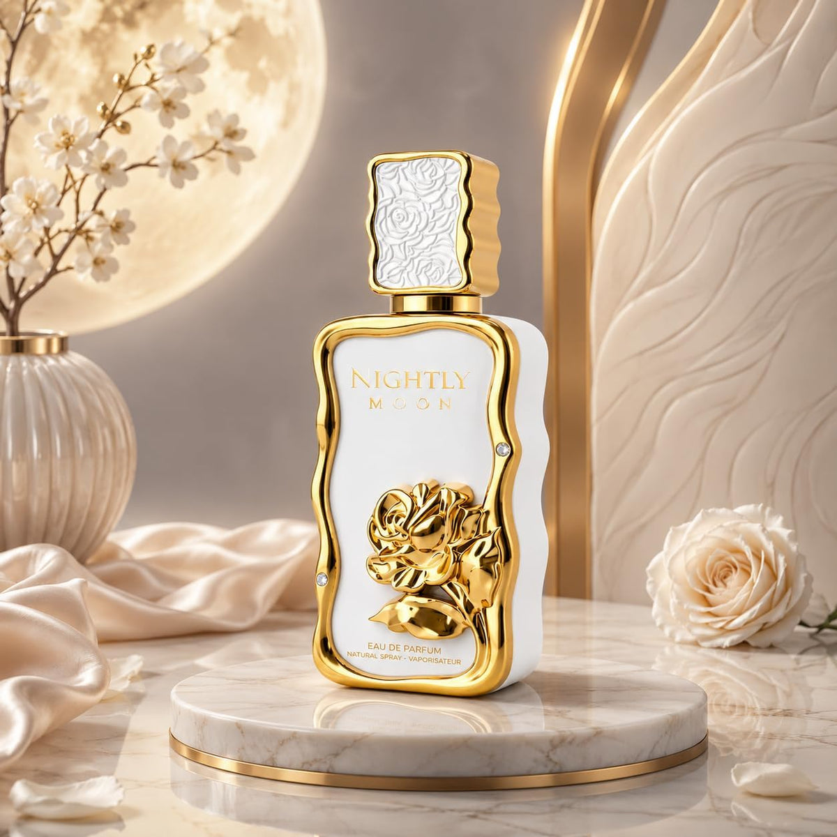 Nightly Moon perfume bottle on elegant ivory and gold background
