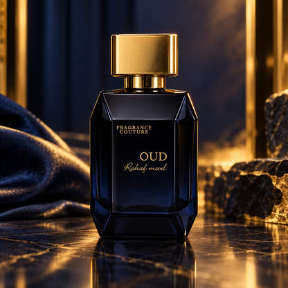 Oud Rahaf Mood bottle in an elegant setting