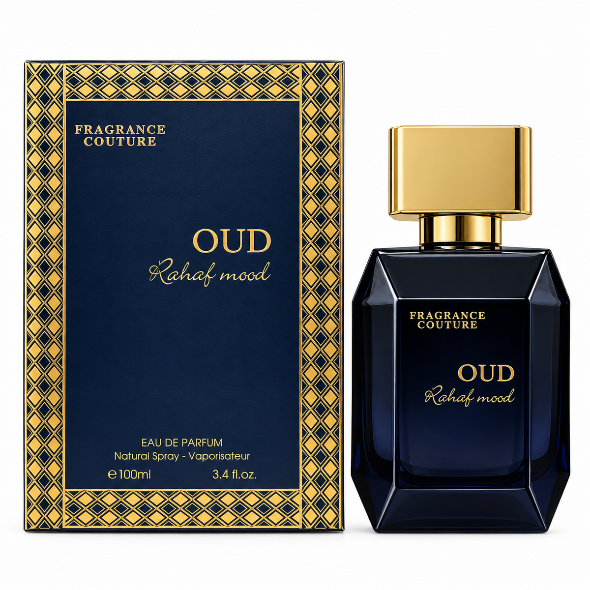 Oud Rahaf Mood bottle and box on a white background