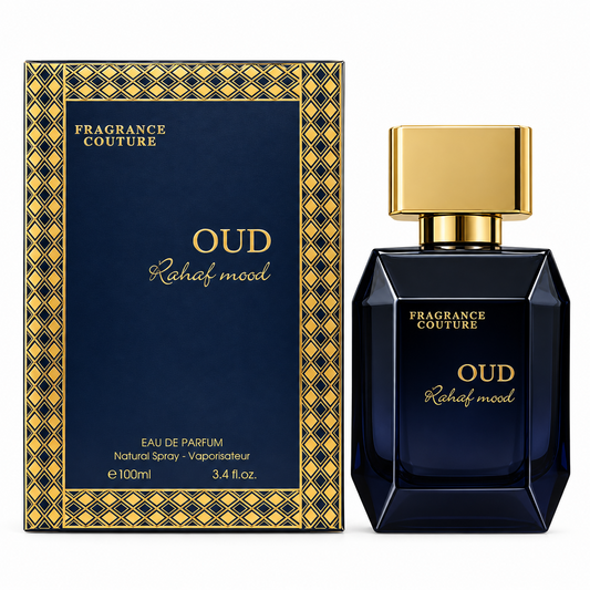 Oud Rahaf Mood bottle and box on a white background