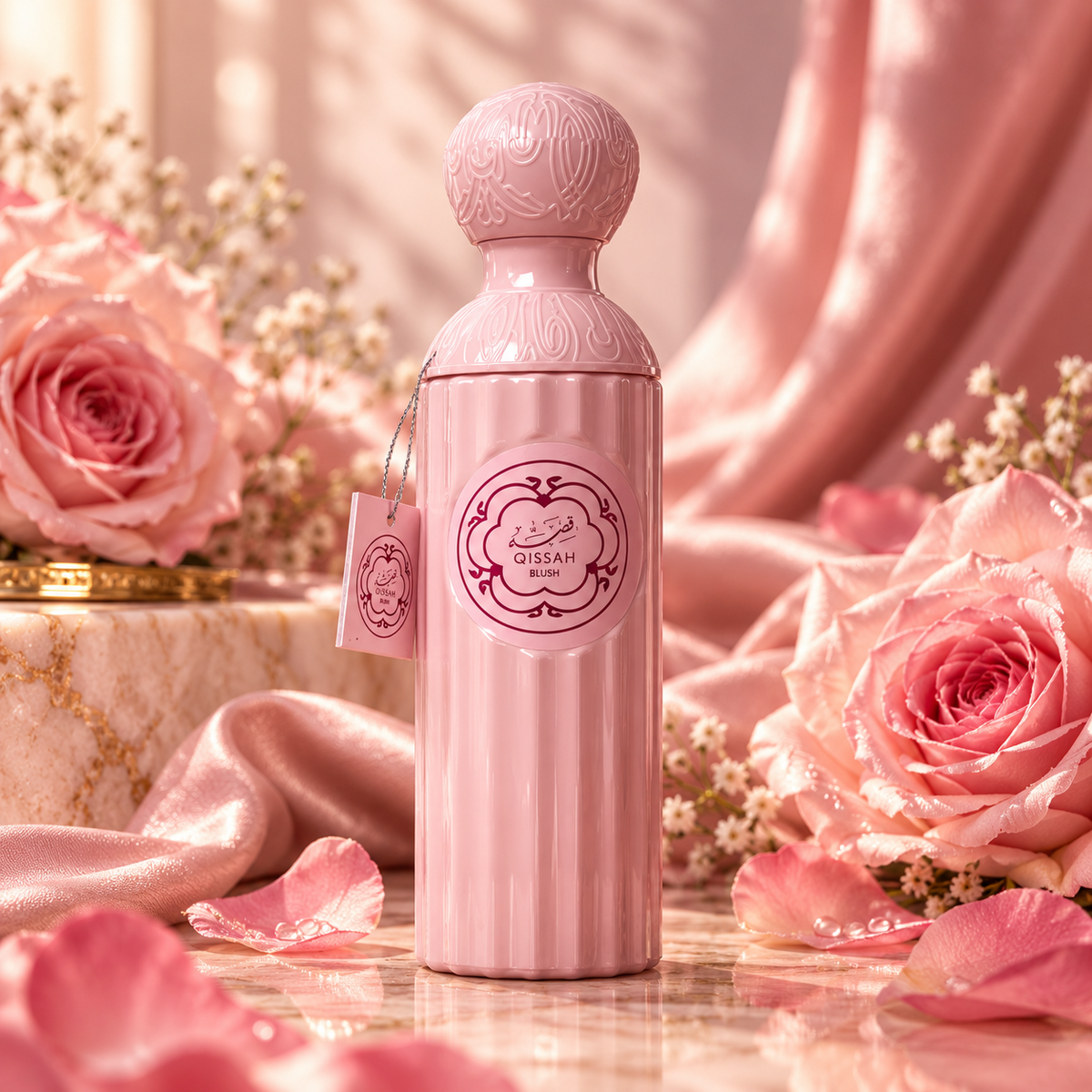Qissah Blush bottle in an elegant setting