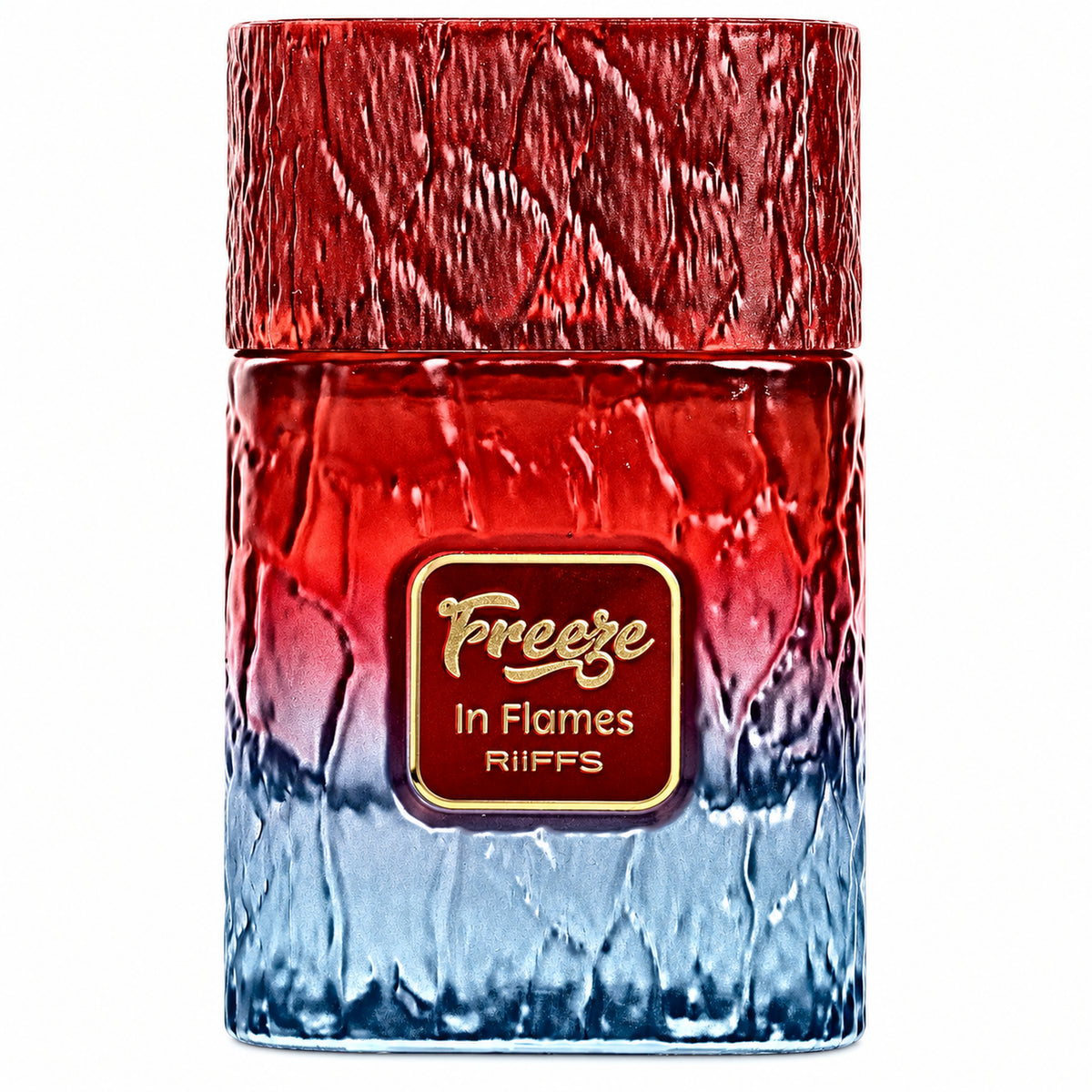 Riiffs Freeze in Flames 100ml red and blue perfume bottle on a white background