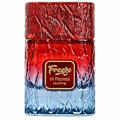 Riiffs Freeze in Flames 100ml red and blue perfume bottle on a white background