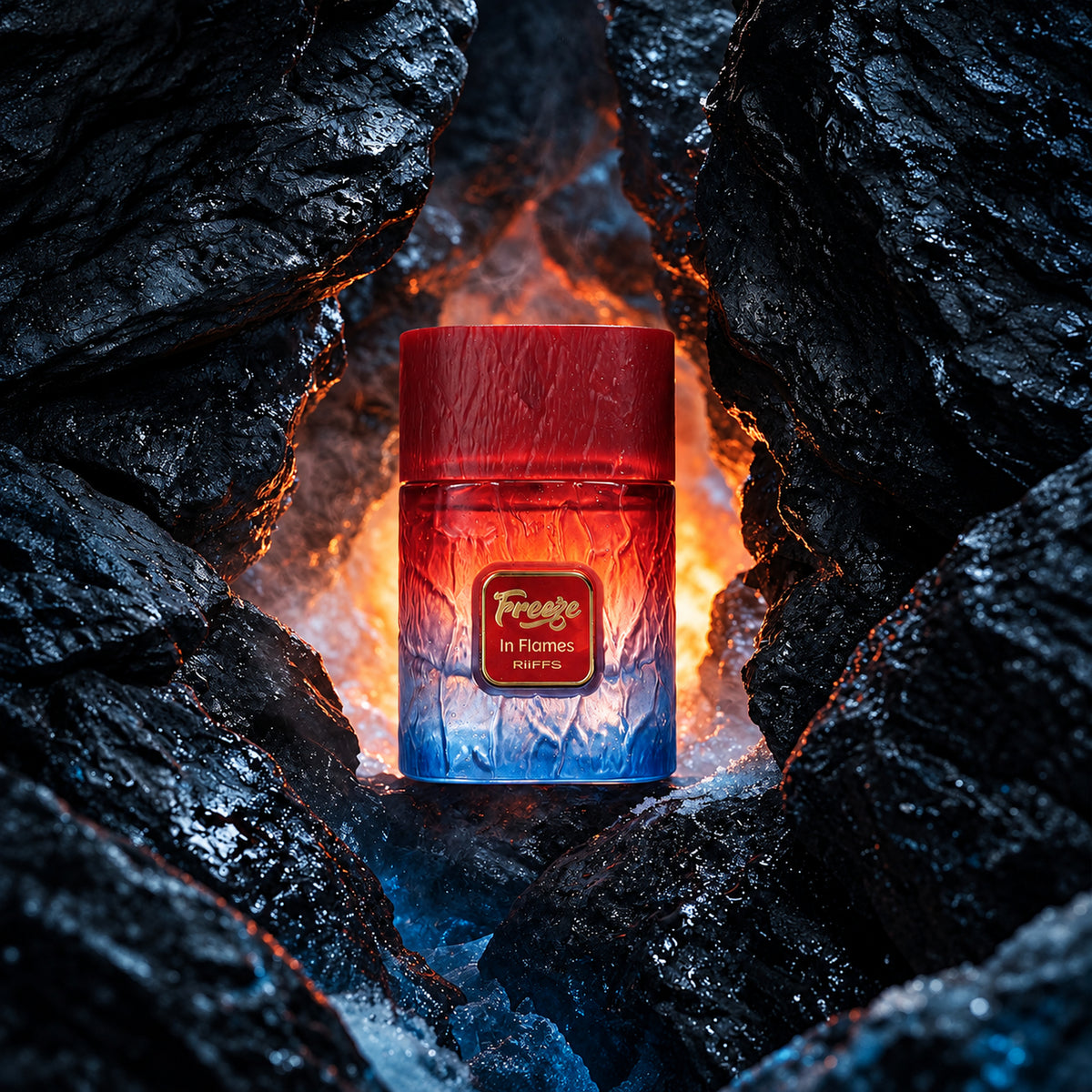 Riiffs Freeze in Flames perfume bottle between black rocks and flames