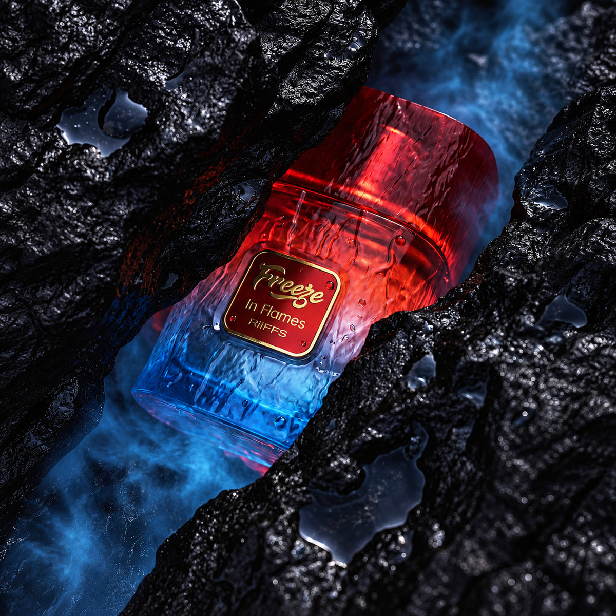 Riiffs Freeze in Flames 100ml bottle against an ice and fire backdrop