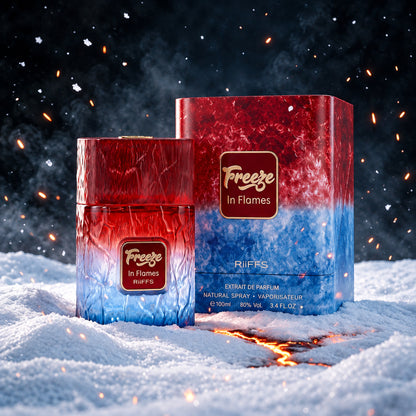 Riiffs Freeze in Flames perfume bottle and box in an ice and ember scene