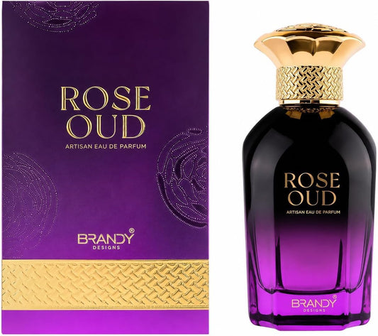 rose oud perfume bottle and box on white background