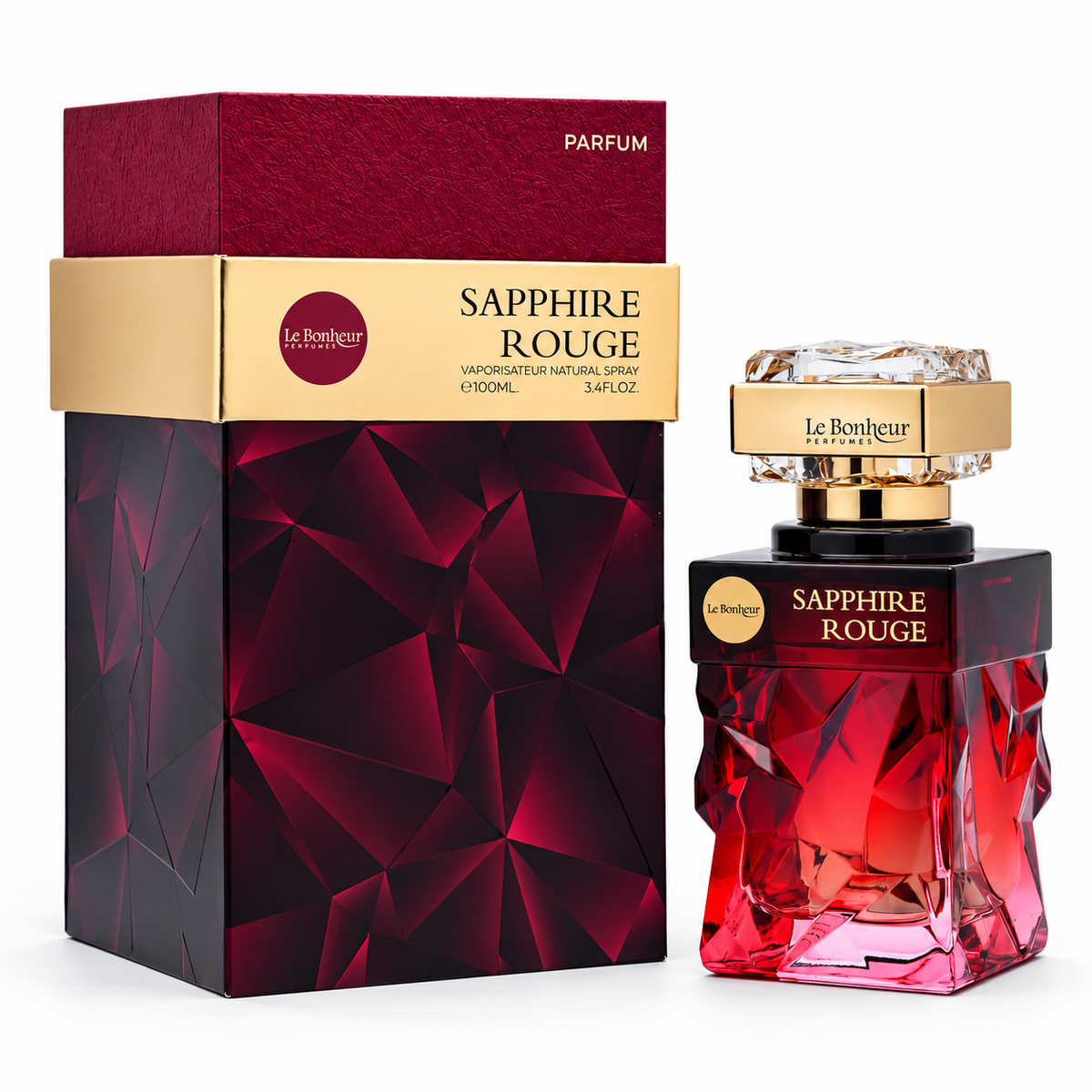 Sapphire Rouge bottle and box on white background